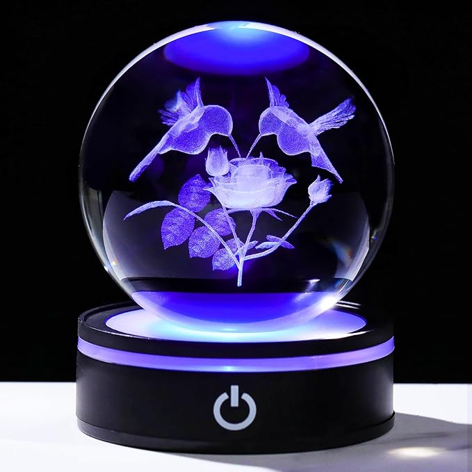 YWHL 3D Hummingbird Crystal Ball Figurine with LED Base, Hummingbird Gifts for Women Men on Birthday Christmas, Glass Decorative Hummingbirds with Rose Ball Night Light for Home Decor (80mm)