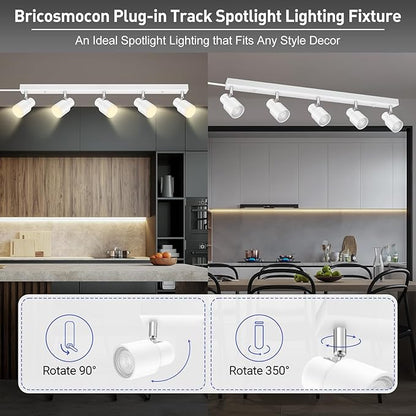 Track Lighting Plug in, 30" LED Track Light Fixtures Ceiling, White 5 Way Spotlight, Rotatable Head, Plug Wall Lights with 14.8FT Cord, Ceiling Lighting for Kitchen Hallway Bar(GU10, NO Bulb)