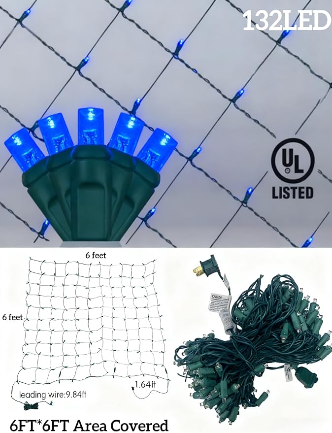 Led Christmas Net Lights for Bushes, 132LED 6FT x 6FT Connectable UL Certified Net Lights for Bushes Tree Shrubs Xmas Trunk Green Wire Christmas Decorations