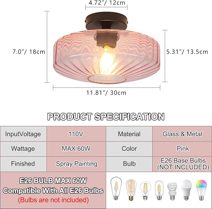 Pink Glass Ceiling Light, 11.8 Inches Mid Century Semi Flush Mount Ceiling Light Retro Small Chandelier Glass Overhead Lighting for Girl's Room Kids Room Nursery Bedroom Closet Hallway E26