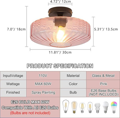 Pink Glass Ceiling Light, 11.8 Inches Mid Century Semi Flush Mount Ceiling Light Retro Small Chandelier Glass Overhead Lighting for Girl's Room Kids Room Nursery Bedroom Closet Hallway E26