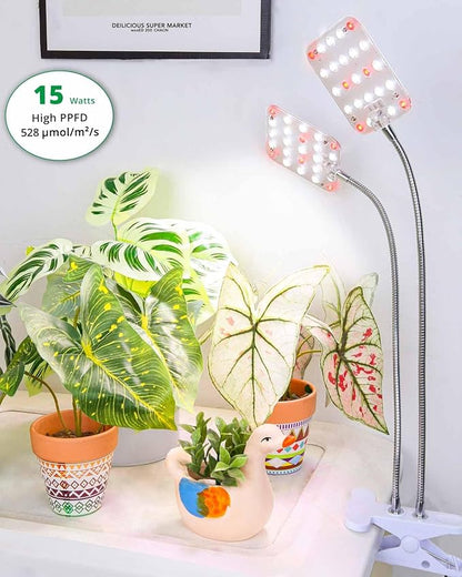 Plant Light, Dimmable Desk Clip on Plant Light for Indoor Plants with 6/12/16h Timer, Gooseneck Grow Lamps, Full Spectrum for Seeding, Succulent, Potted Plants, 2-Head