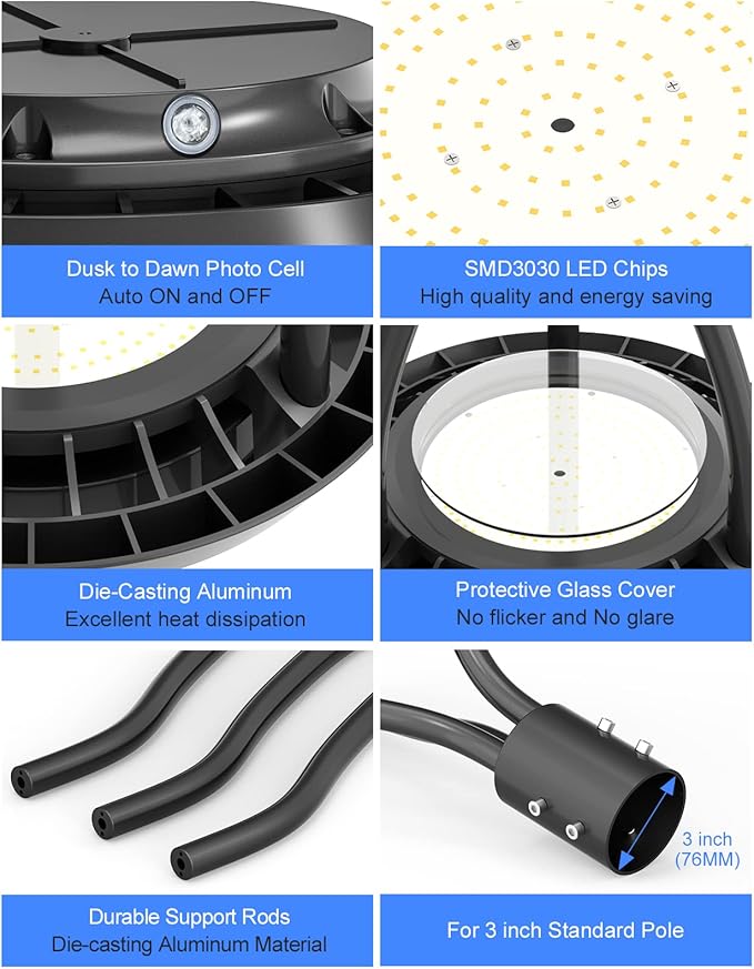 KUKUPPO 80W LED Post Top Light 80W/64W/48W Wattage Selectable ETL Listed 11200Lm LED Post Pole Top Light Dusk to Dawn IP65 Waterproof for Outdoor Commercial Pole Light Fixture AC100-277V