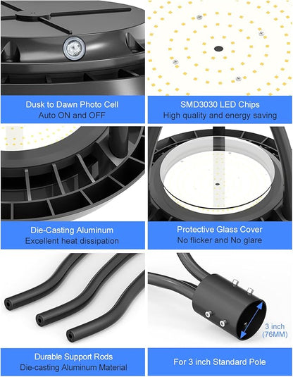 KUKUPPO 150W LED Post Top Light ETL Listed 21000Lm, 150W/120W/90W Wattage Selectable LED Post Pole Top Light Dusk to Dawn IP65 Waterproof for Outdoor Commercial Pole Light Fixture AC100-277V