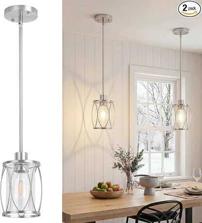 Glass Pendant Lights Kitchen Island Brushed Nickel Pendant Light Fixtures Adjustable Farmhouse Mini Hanging Light with Clear Glass for Sink Dining Room Foyer Entryway Bar, 2 Pack
