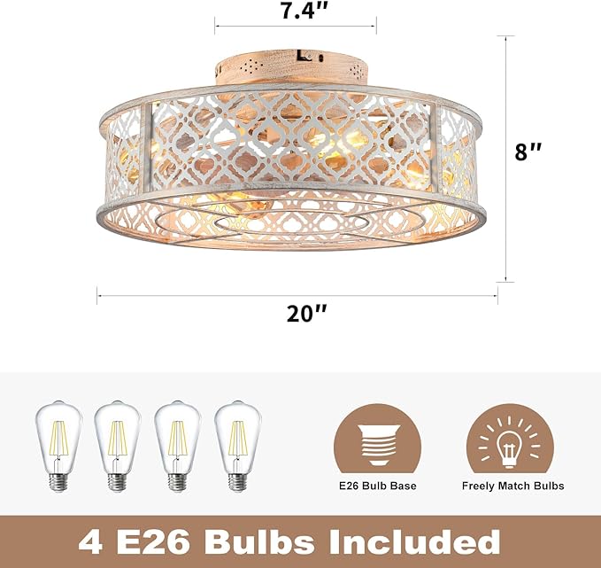 20" Caged Ceiling Fans with Lights Flush Mount Ceiling Fan with Remote,Small Black Low Profile Bladeless Ceiling Fan Light Fixture for Bedroom, Kitchen, Dining Room 4 bulbs Included,6 Speeds