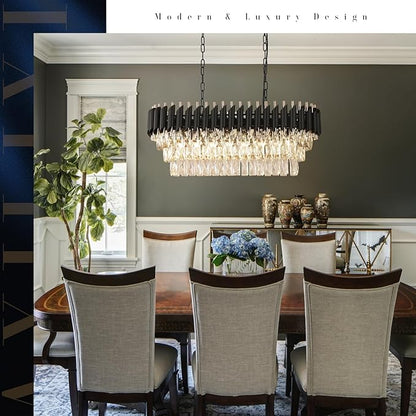 A AXILIXI Modern Rectangular Chandelier Black and Gold Crystal Chandeliers for Dining Room Linear Ceiling Pendant Light Long 32” Luxury Oval Chandelier 8 Lights for Kitchen Island Living Room