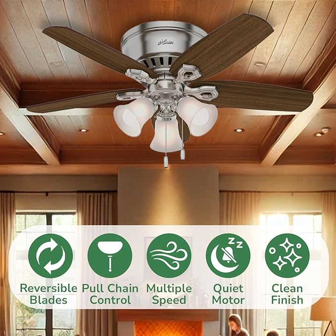 Hunter 42 inch Indoor Ceiling Fan with LED Lights - Ceiling Fan with Pull Chain, For Bedroom, Living Room, or Kitchen, Low Profile Flush Mount, No Remote, 5 Blades - Builder 51092, Brushed Nickel