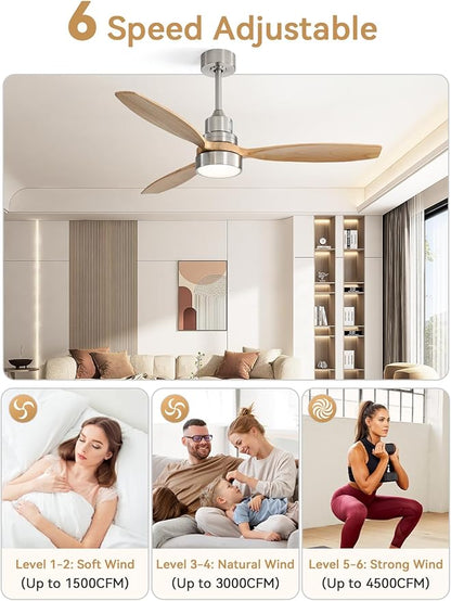Sofucor 52 Inch Solid Wood Smart Ceiling Fans with Lights and Remote, Works with App/Alexa/Google, 6-Speed Outdoor Ceiling Fan with Light, 3 Blade Ceiling Fan, Quiet DC Motor for Living Room Patio