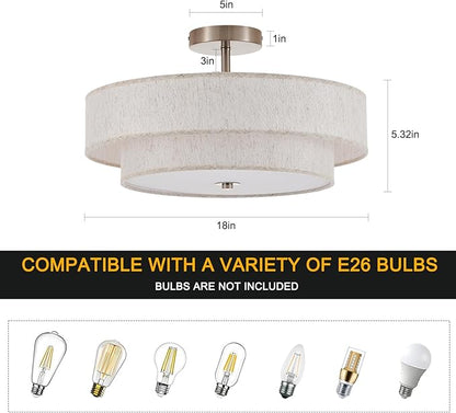 18" Semi Flush Mount Ceiling Light 3-Light Modern Linen Drum Ceiling Lighting with Chrome Finish, Vintage Ceiling Light for Living Room, Kitchen, Basement, Laundry Room, Bedroom