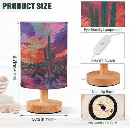 Table Lamp Pretty Cactus Desert Sunset Nightstand Lamp with Wood Base Fabric Lamp Shade Bedside Desk Lamp for Living Room Bedroom Kids Room Office