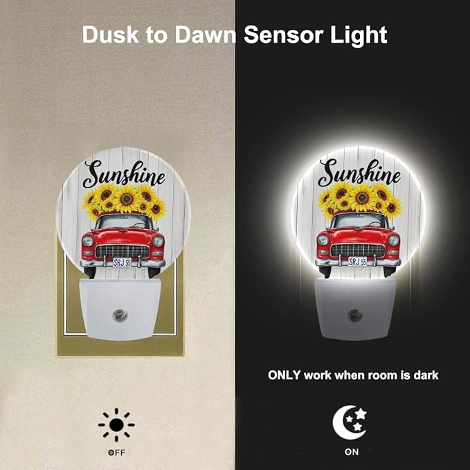 EKOBLA Harvest Truck Plug-in Night Light, Red Truck & Sunflower Fall LED Nightlight with Dusk to Dawn Sensor