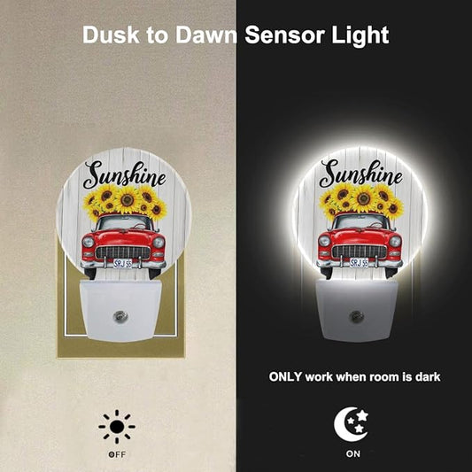 EKOBLA Harvest Truck Plug-in Night Light, Red Truck & Sunflower Fall LED Nightlight with Dusk to Dawn Sensor