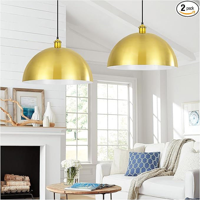 Gold Pendant Light, 16" Farmhouse Ceiling Light with Gold and White, Elegant Semi-Circular Shade Design, Adjustable Height Industrial Dome Pendant Lights for Kitchen Island, Dining Room
