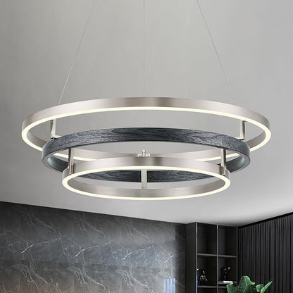 Modern LED Chandelier Black Wood Dimmable 3 Ring Brushed Nickel Chandeliers Light 24in Dining Room Chandeliers for Entryway Foyer Kitchen Island Living Room Study Room