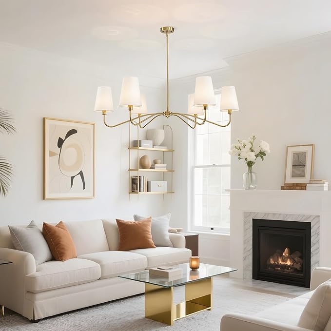 47'' Brushed Gold Chandelier with Shades, Oversized 6-Light Modern Chandelier for Living Room, Large Dining Room Light Fixture, Adjustable Brass Classic Pendant Light Fixture for Kitchen E12 Base