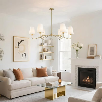 47'' Brushed Gold Chandelier with Shades, Oversized 6-Light Modern Chandelier for Living Room, Large Dining Room Light Fixture, Adjustable Brass Classic Pendant Light Fixture for Kitchen E12 Base
