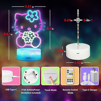 Cat Night Light for Kids, Anime Kitty Lamp with Timer, Remote Control, Changing Colors, Dimmable Acrylic LED Light for Christmas Birthday, Unique Gifts for Girls Boys Nursery Baby