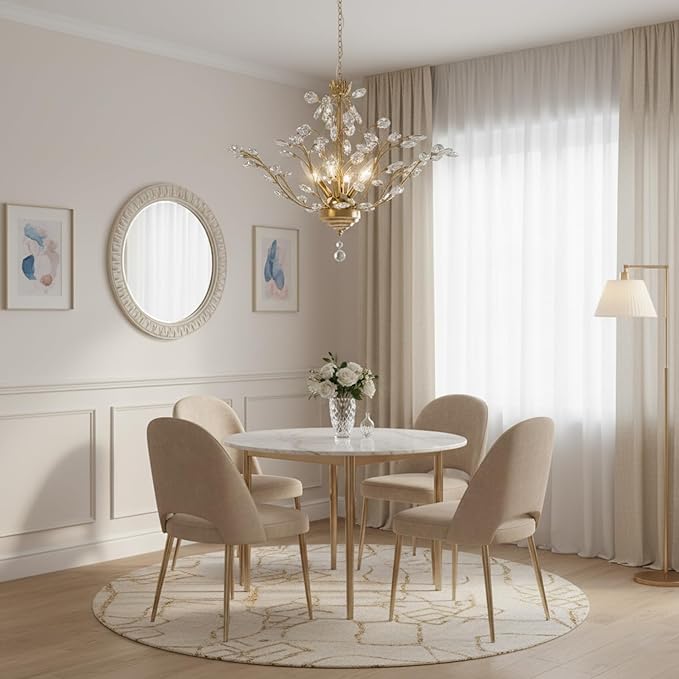 Maxax Gold Crystal Chandelier, 4-Light K9 Crystal Pendant Light, Adjustable Electroplated Ceiling Fixture for Dining Room, Living Room, Bedroom, and Foyer, 18.1" D x 58" H