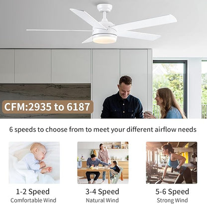 YUHAO 60 Inch White Ceiling Fan with Light and Remote Control.Noiseless,Dimmable,3CCT,6 Speeds Reversible, DC Ceiling Fans for Indoor or Covered Outdoor Use.ETL Listed
