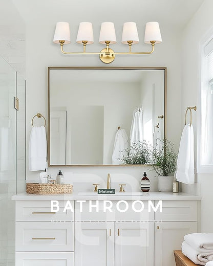 Bathroom Light Fixtures, 5 Light Brushed Gold Vanity Lights with Flared White Fabric Shade, 35 Inch Wall Sconce, Modern Sconces Wall Lighting for Hallway Bedroom, VL837-BG-5
