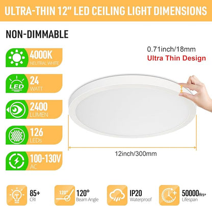 SunRider 2-Pack LED Flush Mount Ceiling Light Fixture, 4000K Neutral White, 2400LM, 12 Inch 24W 240W Equiv. Round Flat Ceiling Lights, Non-Dimmable