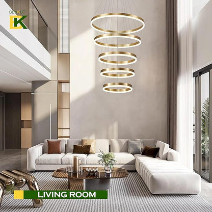 Benkut 5-Rings Modern LED Chandelier Gold High Ceiling Chandelier with Remote Control Dimmable Pendant Lighting for Dining Room Foyer Living Room Entryway Staircase(3000K-6500K, D23.6in)