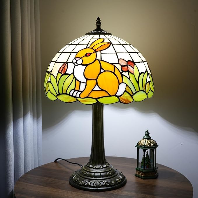 Tiffany Style Lamp with Cat Rabbit Stained Glass Lamp 12 Inch Retro Bronze Base Bedside Lamp Bedroom Living Room, Cafe，Restaurant Art Nouveau Style Decorative Child Interest Ambient Light