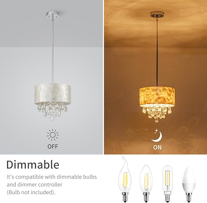 LumFurn D12 inch Capiz Shell Crystal Drum Chandeliers, 3-Light Coastal Style Pendant Light Fixture for Dining Room, Living Room, D12 x H19~49"(Adjustable Height), Shell Lampshade & Chrome Finish