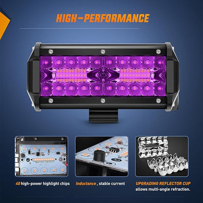 Nilight 6.5 Inch LED Light Pods Purple Triple Row 2PCS 120W Flood Spot Combo Off Road Driving Decoration Neon Hunting Lighting for UTV Pick-up Van Boat Tractor