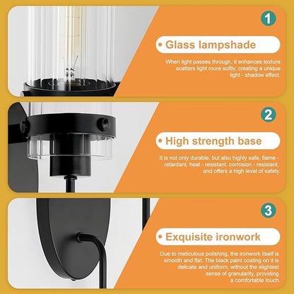 Bathroom Sconces Set of 2, Black Farmhouse Wall Sconce with Clear Glass Shade, Vanity Lights for Bathroom, Living Room, Bedroom, Hallway, Stairwell and Kitchen