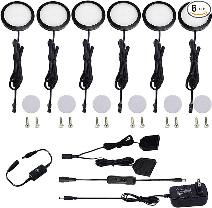 AIBOO Under Cabinet LED Black Cover Puck Lighting Kit with Touch Dimmer Switch for Kitchen Cupboard Closet Lighting (6 Lights,Warm White)