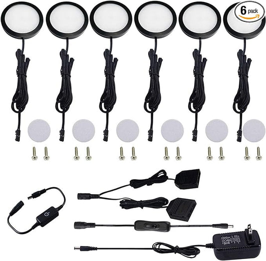 AIBOO Under Cabinet LED Black Cover Puck Lighting Kit with Touch Dimmer Switch for Kitchen Cupboard Closet Lighting (6 Lights,Warm White)