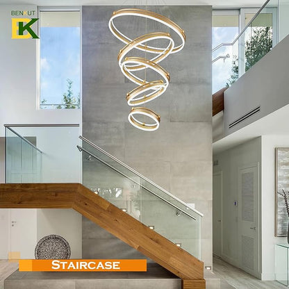 Benkut 5-Rings Modern LED Chandelier Gold Dimmable Large High Ceiling Chandeliers Foyer, Remote Pendant Lighting for Foyer Entryway Dining Room Living Room Staircase(10-Ring Lighting, D30in)