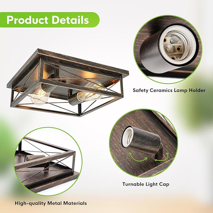 Farmhouse Ceiling Light Fixture - Industrial Square Modern Black Flush Mount Ceiling Light for Kitchen, Hallway, Bedroom, Balcony, Porch, Stairway, E26 (1 Pack - Black Gold, 12 Inch)
