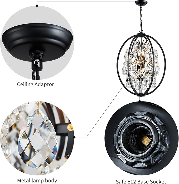 WUZUPS Globe Crystal Chandelier Raindrop Pendant Flushmount Ceiling Light Modern Lighting Fixture for Bedroom Hallway Bar Kitchen Bathroom, H 23.6" x W 19.7", Black, 8 E12 Base