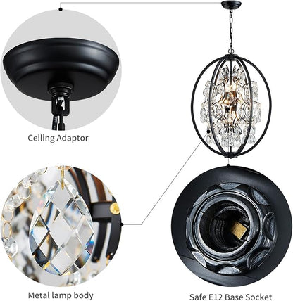WUZUPS Globe Crystal Chandelier Raindrop Pendant Flushmount Ceiling Light Modern Lighting Fixture for Bedroom Hallway Bar Kitchen Bathroom, H 23.6" x W 19.7", Black, 8 E12 Base