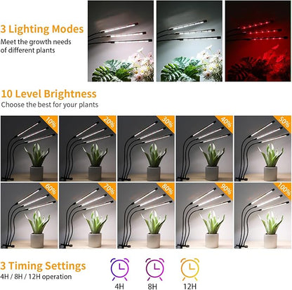 Black Clip Grow Lights for Indoor Plants, 168 Full Spectrum LEDs Clip Plant Growing Lamps with Flexible Gooseneck and 4/8/12h Timer, 3 Spectral Modes, 10 Dimmable Levels (4 Head 1 Pack)