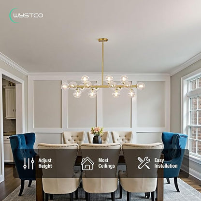 16-Light Globe Sputnik Chandelier, Linear Dining Room Light Fixture Over Table, Mid Century Modern Gold Chandeliers for Dining Living Room, Kitchen Island Lighting (Clear Bubble, 40 Inch)