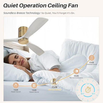 CACI Mall 52 Inch Solid Wood Ceiling Fan without Light, Flush Mount, 3 Blade, Low Profile, Modern, Outdoor/Indoor Ceiling Fans No Light for Bedroom/Farmhouse/Patio