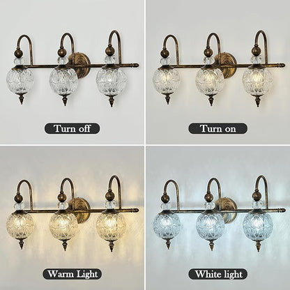 Piepooye Vintage Bathroom Light Fixtures Bronze Vanity Light with Glass Globe LampShade 3 Lights Mid Century G9 Bulb Wall Sconce Indoor Vanity Light Over Mirror for Bedroom Farmhouse Hallway