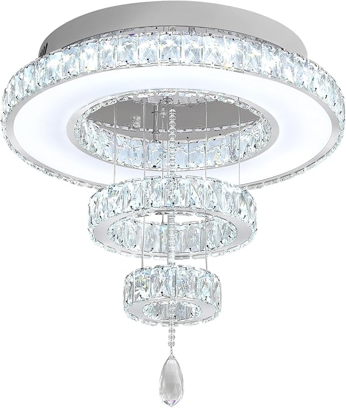 Flashing God Dia 24" Modern Chandelier for Living Room Silver Crystal Ceiling Chandelier Flush Mount Ceiling Light for Dining Room Bedroom Hallway LED Light Fixture Dimmable with Remote