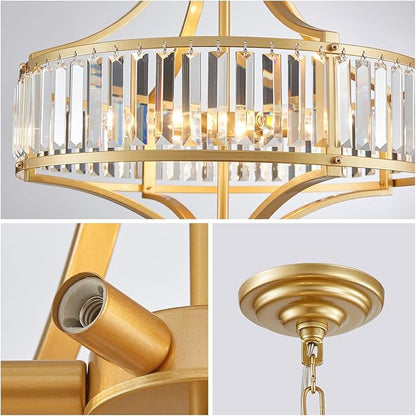 XINGQI Modern 6-Light Gold Crystal Chandelier 21.6" Farmhouse Large Round Pendant Lightting Fixture for Dining Room Living Room Kitchen Island Bedroom