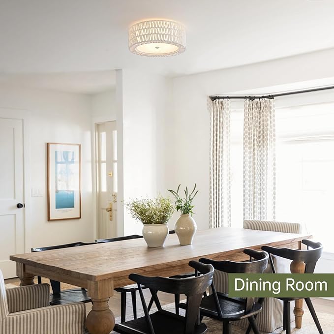 Boho Flush Mount Ceiling Light, 3-Light Rattan Light Fixture White Bedroom Light Fixtures 15.7" Modern Ceiling Light for Nursery Hallway Entryway Kitchen Dining Room
