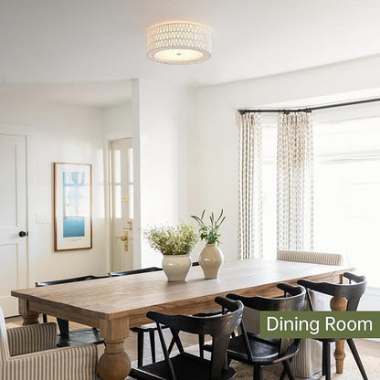 Boho Flush Mount Ceiling Light, 3-Light Rattan Light Fixture White Bedroom Light Fixtures 15.7" Modern Ceiling Light for Nursery Hallway Entryway Kitchen Dining Room