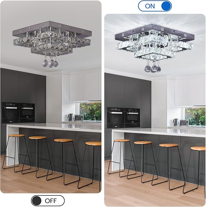 11.8" Modern Crystal Chandelier LED Ceiling Light Fixture Suitable for Kitchen Corridor Hallway Bedroom Bathroom Dining Room 4 Petals/Raindrop Ball Square Wall Switch （White Light）