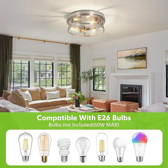 Farmhouse Ceiling Light - Dimmable Rustic Black Flush Mount E26 Industrial Ceiling Modern Led for Hallway Livingroom Kitchen Bedroom (1 Pack - Brushed Nickel, 12 Inch - 3 Lamp Holders)
