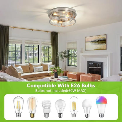 Farmhouse Ceiling Light - Dimmable Rustic Black Flush Mount E26 Industrial Ceiling Modern Led for Hallway Livingroom Kitchen Bedroom (1 Pack - Brushed Nickel, 12 Inch - 3 Lamp Holders)