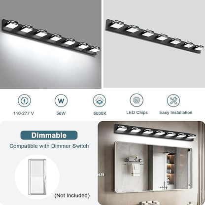LED Modern Bathroom Vanity Light Fixtures, 7-Light 48-inch Dimmable Matte Black Vanity Lights for Bathroom Lighting Fixtures Over Mirror, with 360° Rotatable Acrylic Heads (Cool White 6000K)