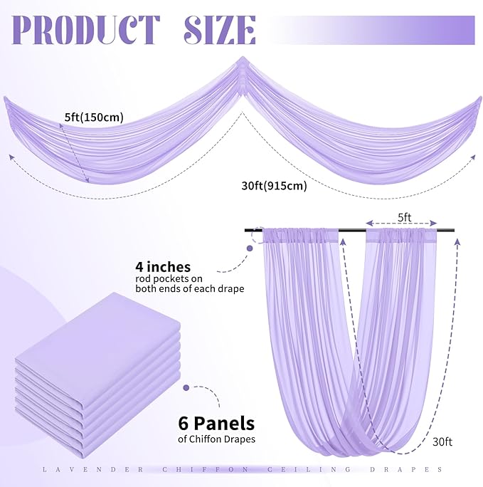 6 Panel Purple Ceiling Drapes for Wedding Arch - 5ft x 30ft Sheer Voile Chiffon Drapery